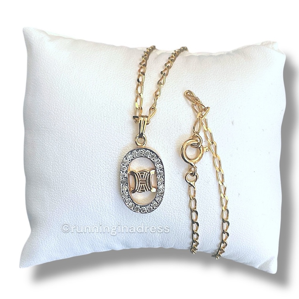 Authentic CELINE Vintage Triomphe Gold Rhinestone Pendant Necklace